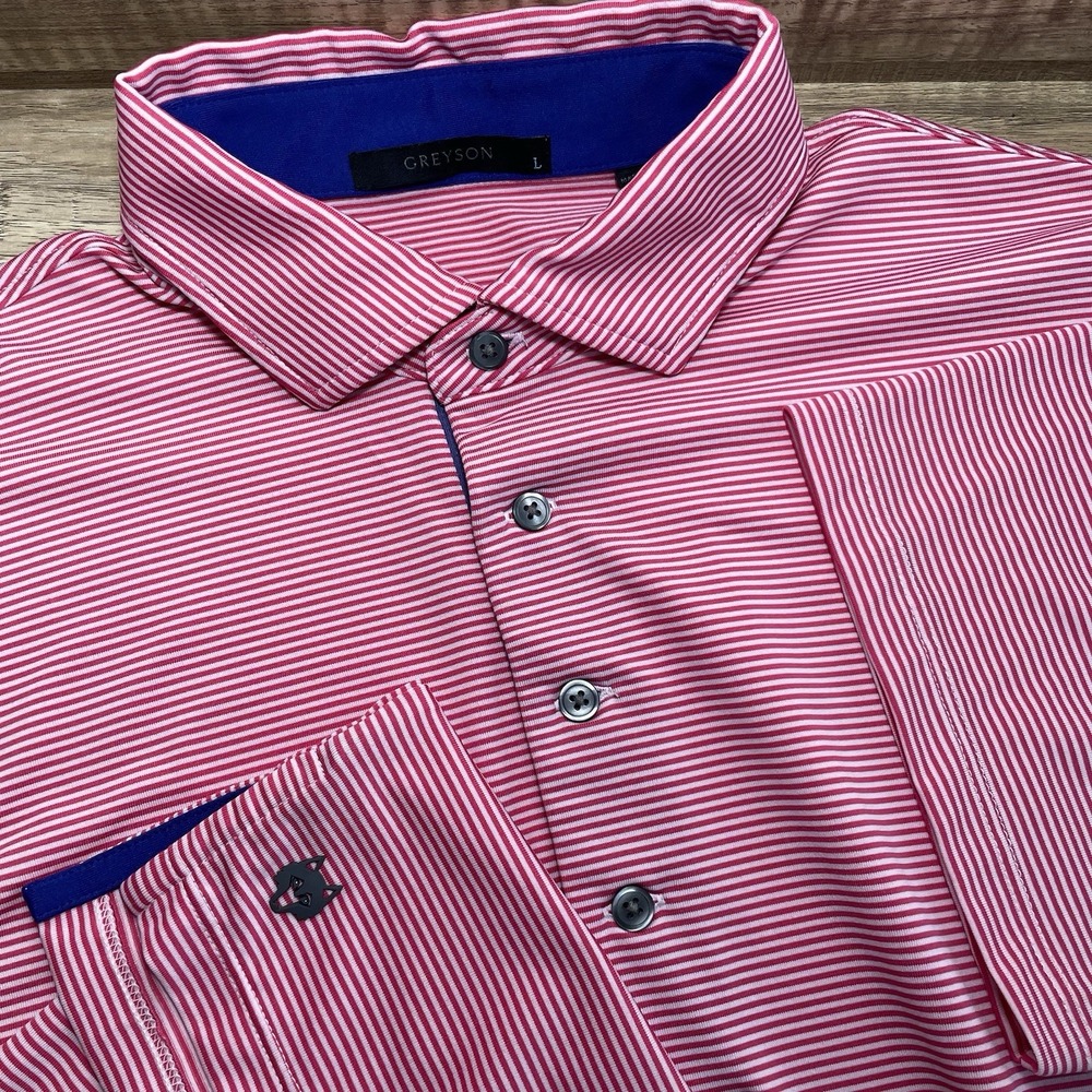 Greyson Polo Shirt Mens Large Pink Stripes Performance 4 Way‎ Stretch EUC